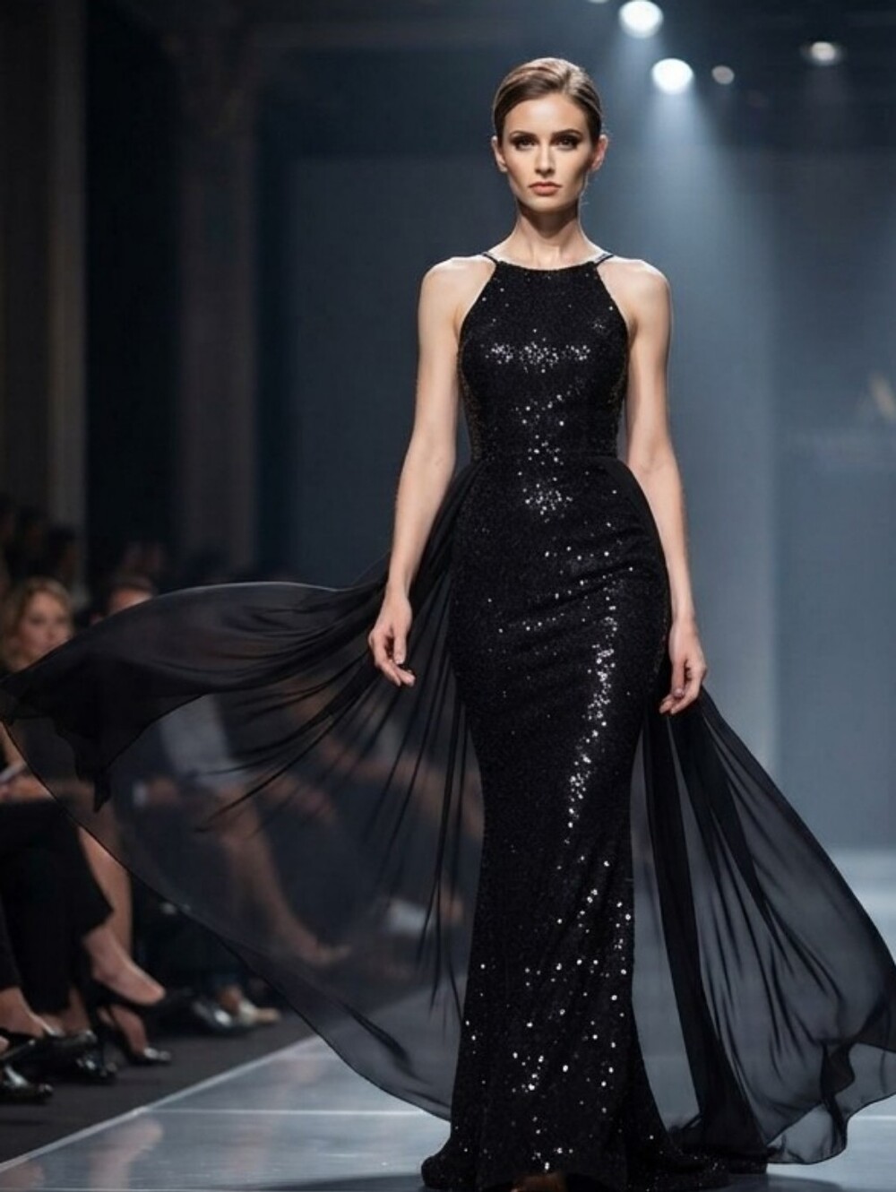 Black, O Neck Sleeveless, Detachable Skirt, Contrast Sequined Mermaid G…